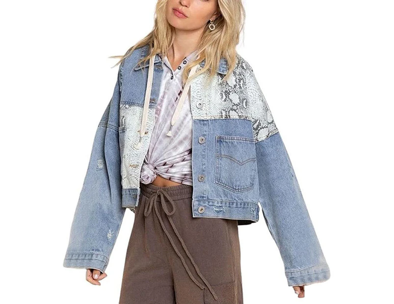 Strapsco Womens Distressed Denim Jacket Patchwork Print Ripped Outwear-SnakePattern