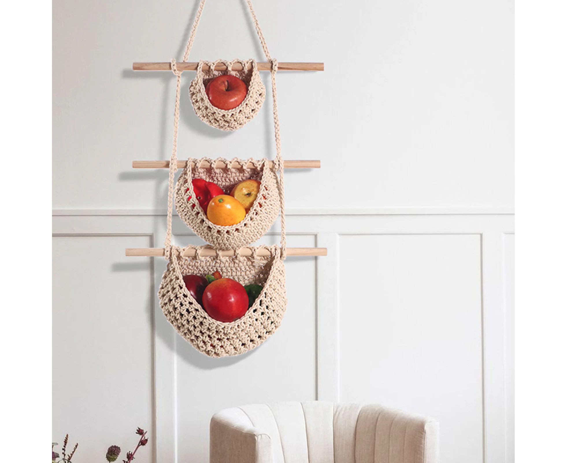 Oraway Hanging Fruit Basket Three-layer Wall-Mounted Bohemia Woven Vegetable Fruit Storage Net Bag Kitchen Tools -Khaki