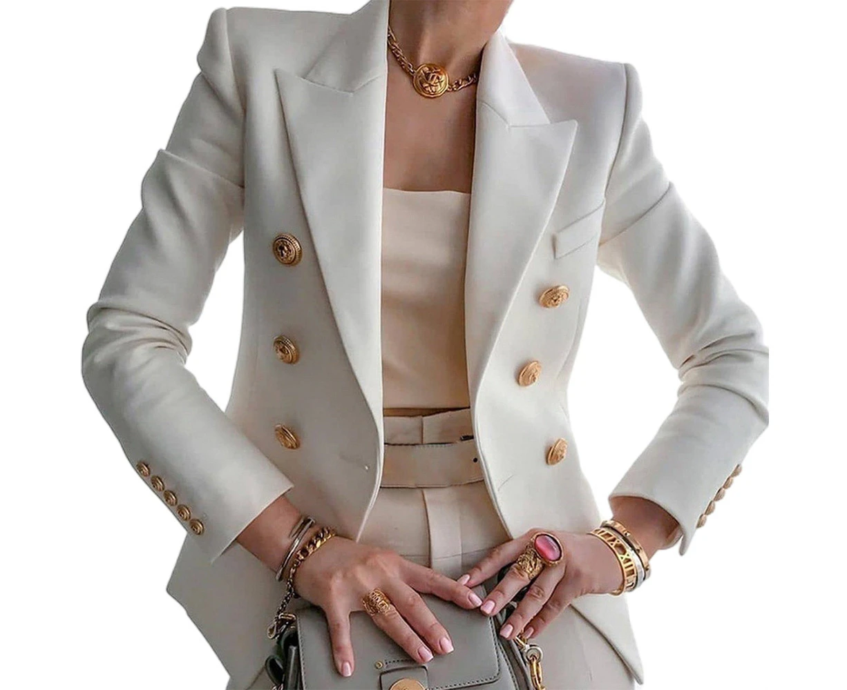 Women Ladies Slim Fit Double Breasted Lapel Blazer Coats Jackets Office Business Cardigan - White