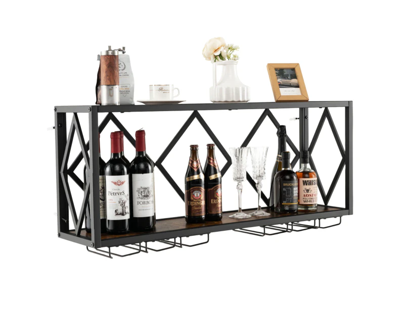 Giantex 2-Tier Wall Mounted Wine Rack Wine Storage Shelf Cellar Display w/Glass Holder