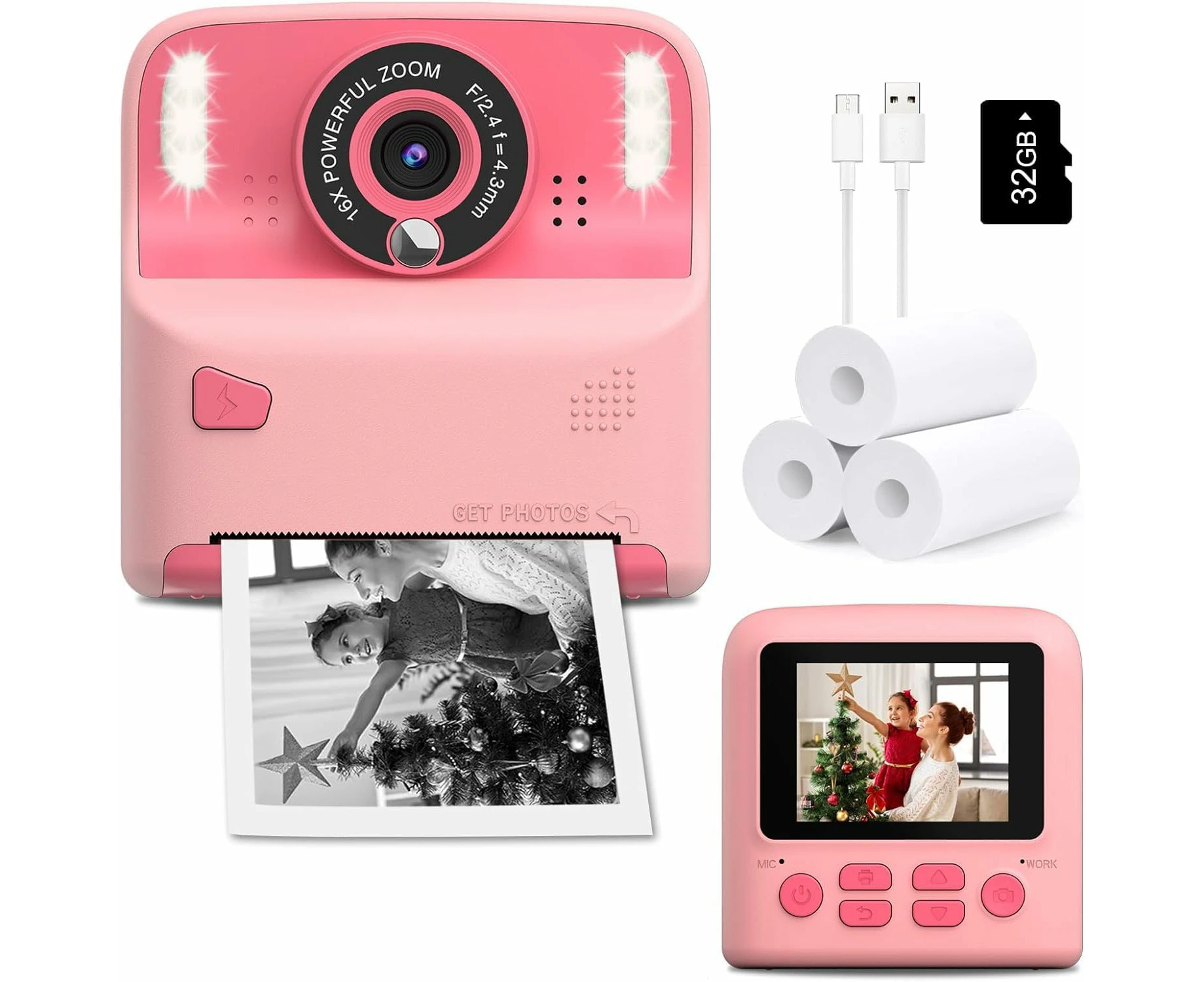 Instant Print Camera for Kids Christmas Birthday Girls Boys Age 3-12 Kids Zero Ink Print Photo Toy Instant Cameras 2.4 inch Screen with 32GB Card