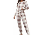 Cute Pajamas Set Women's 2 Piece Thickened Warm Flannel Long Pyjama Set Plush Autumn Winter Sleepwear Fleece Two Piece Sleepwear-Khaki
