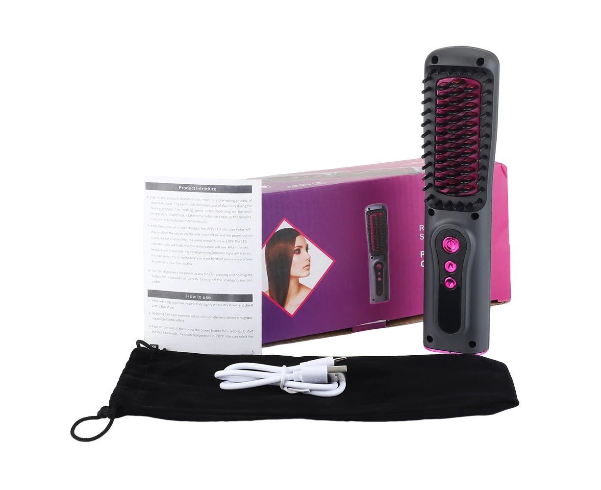 Cordless  Professional  Hair Straightener  Curler Comb USB Fast Heating Negative Ion Straightening Curling Brush Styling Tools - Black