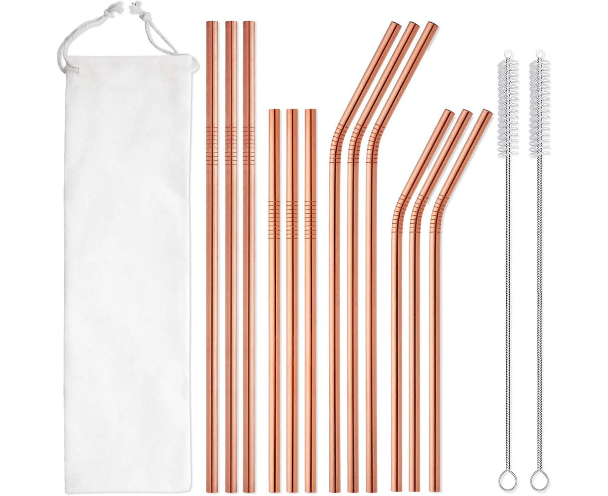 15-Pack Metal Straws Reusable with Case - Stainless Steel Drinking Straws for 30oz and 20oz Tumblers Dishwasher Safe, 2 Brushes Included-Rose Gold