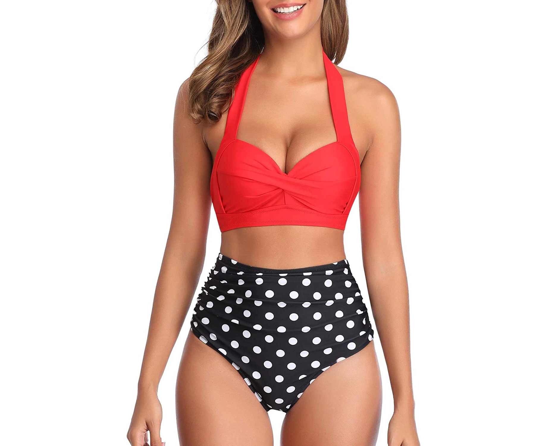 Women Vintage Swimsuit Two Piece Retro Halter Ruched High Waist Bikini - Red Dot