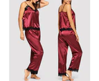Bestjia 2Pcs Women Sexy V Neck Lace Patchwork Camisole Long Pants Sleepwear Pajamas - Red