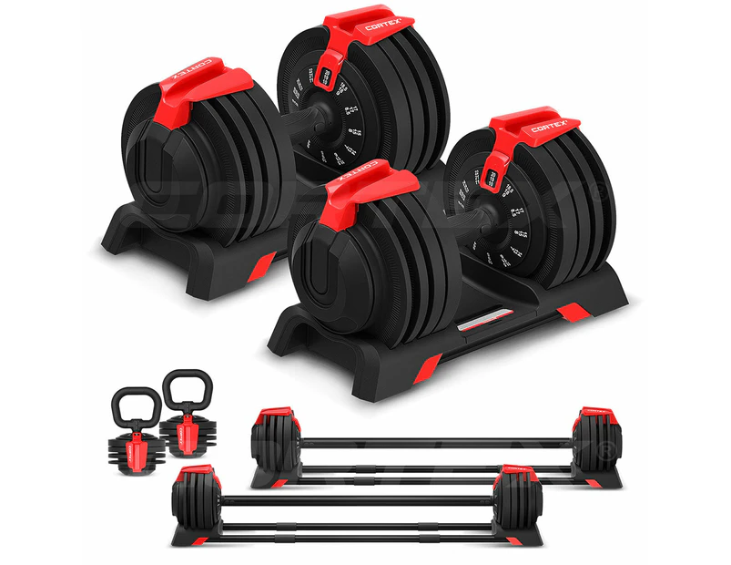 CORTEX Revolock V2 48kg Adjustable Dumbbell Weights + Barbell + Kettlebell All-in-One Set (24kg Pair)