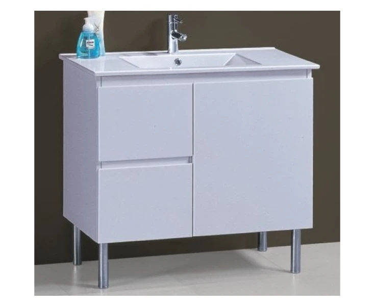 Slimline 900W*360mm Bathroom Freestanding White Vanity  With Legs & Basin Ceramic Top Finger Pull 1 Tap Hole Left Hand Drawer