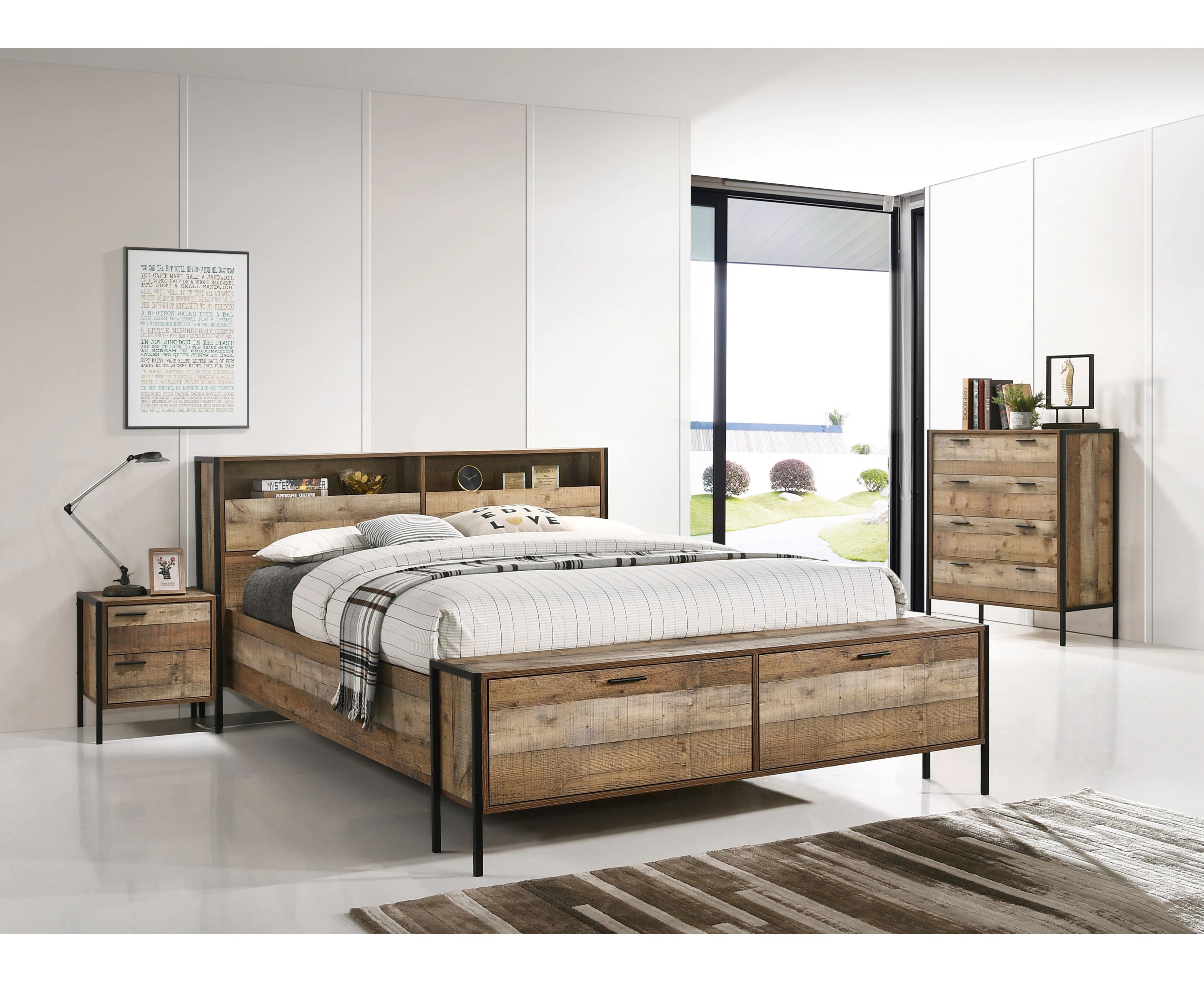 4 Pieces Storage Bedroom Suite with Particle Board Contraction and Metal Legs Queen Size Oak Colour Bed, Bedside Table & Tallboy