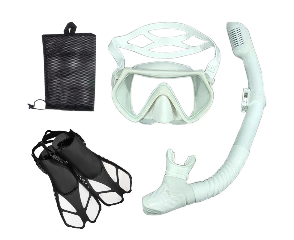 Mask Fins Snorkelling Set for Adults, Swim Goggles Anti-Fog Dry Top Snorkel Kit Snorkel Gear for Men Women Swimming Scuba Diving Training - White