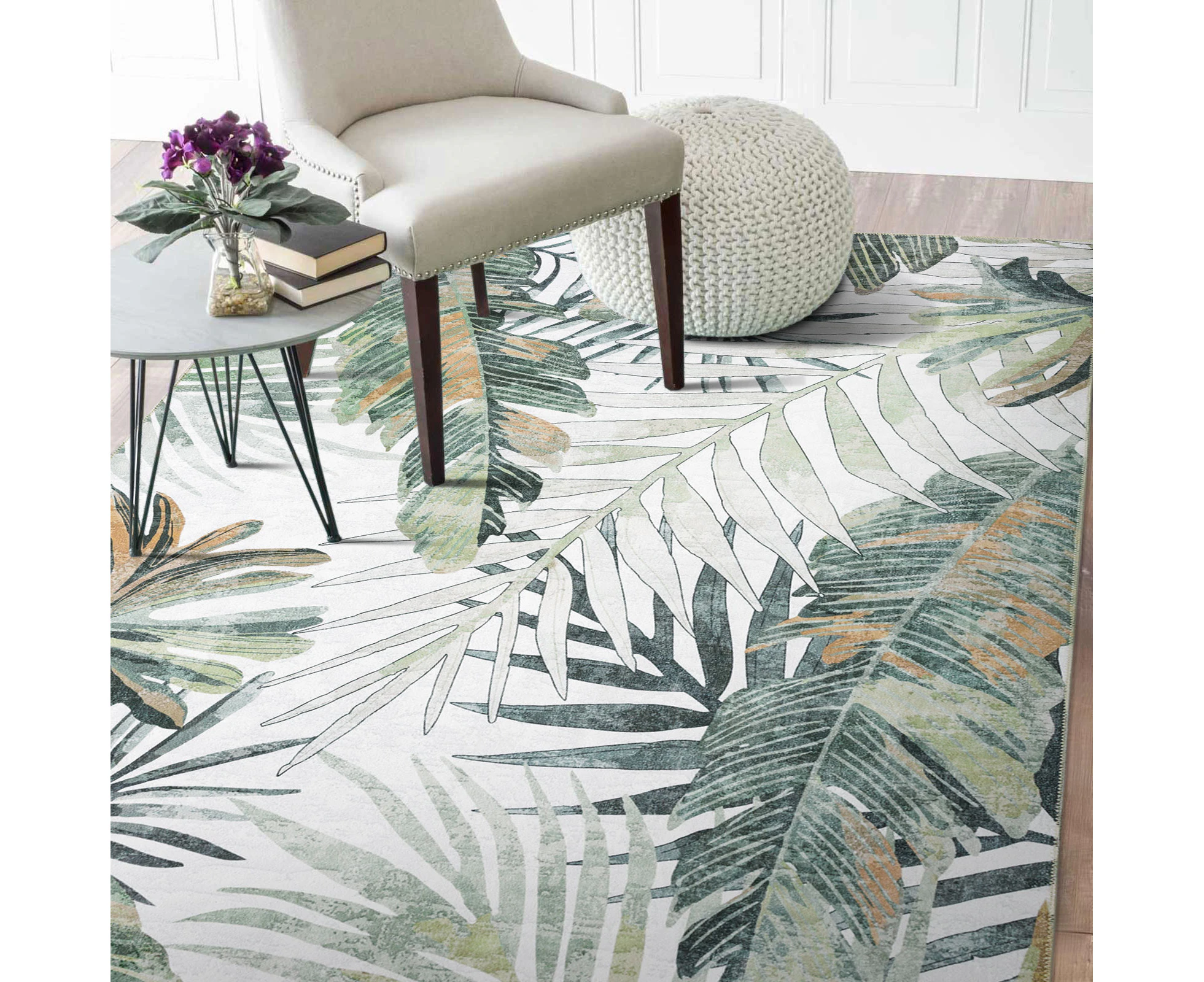 Modern Rug Green Leaves Chair Rugs Anti Slip Kitchen Mat Washable 120x170cm