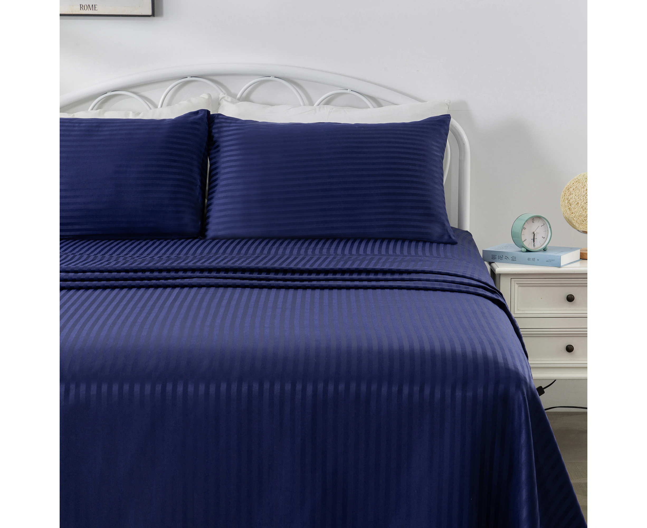 Justlinen-link Vintage Striped  Brushed Microfiber Bed Sheet Set All Size--Navy