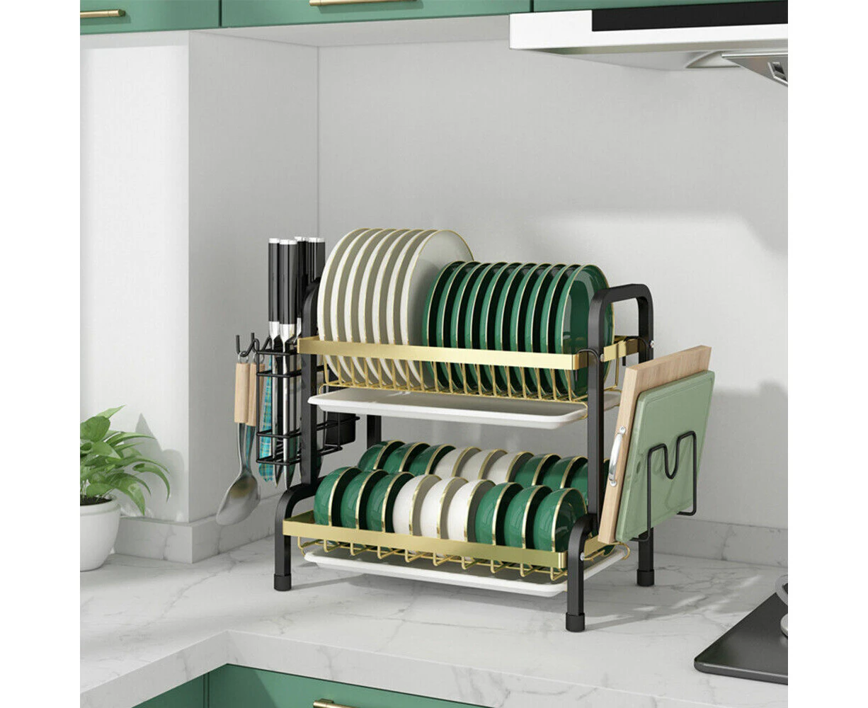 2 Tier Extra Large Dish Drainer Drying Rack with Cup Holder Cutlery Tray