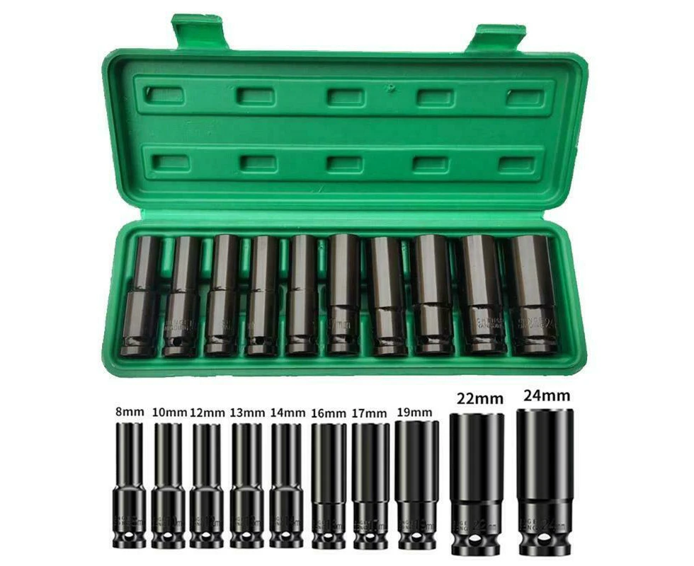 Youngly 10Pcs 1/2" Drive Deep Impact Socket Set Metric Garage Tool For Wrench Adapter Hand with Hard Storage Box