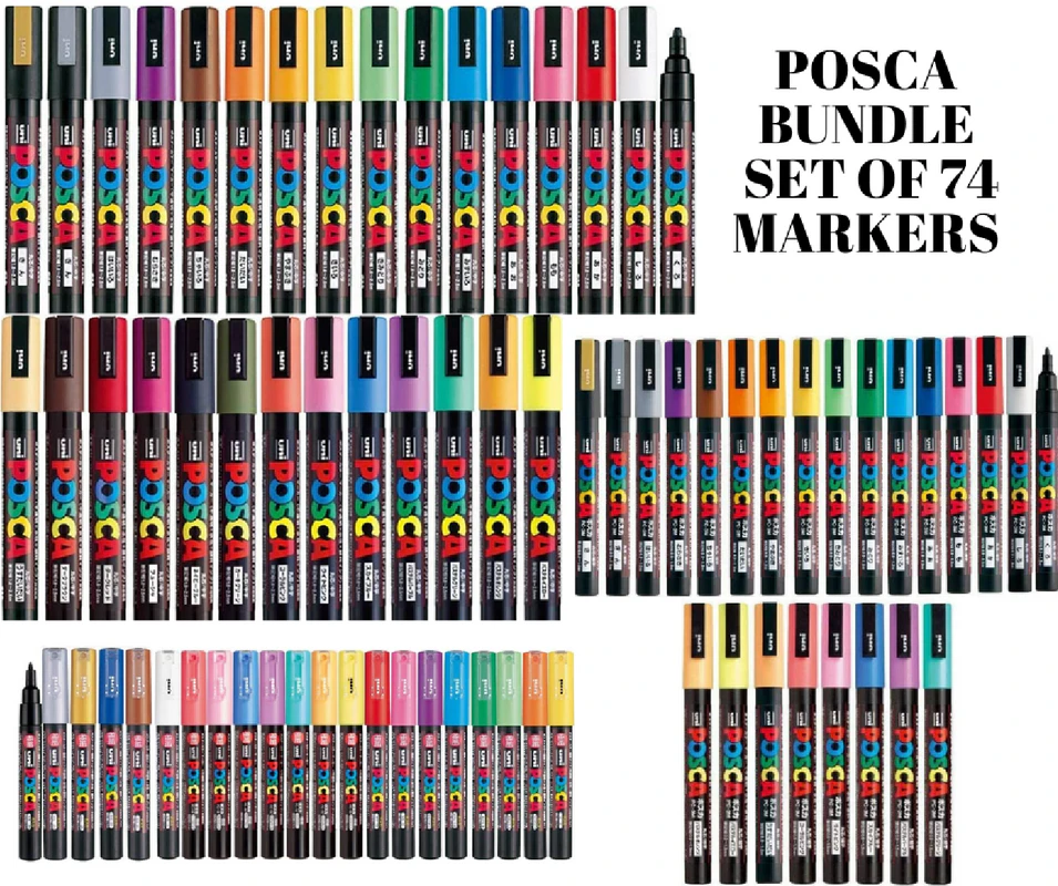 Uni-Posca Paint Marker Pens, Bundle Set of 74 Markers, 29 Medium Point, 24 Fine Point and 21 Extra Fine Point