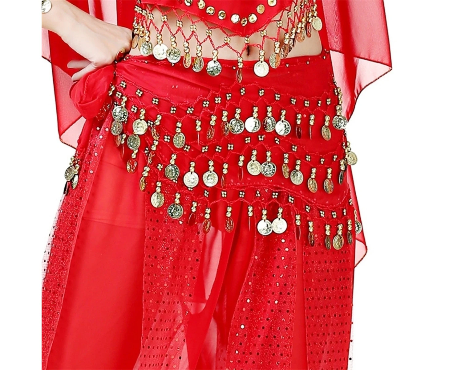 Costume Bay 128 Coins Belly Dance Red Hip Scarf  Chiffon Sweet Skirt Wrap Belt Bling Sequins Coins Danceing Costume for Women