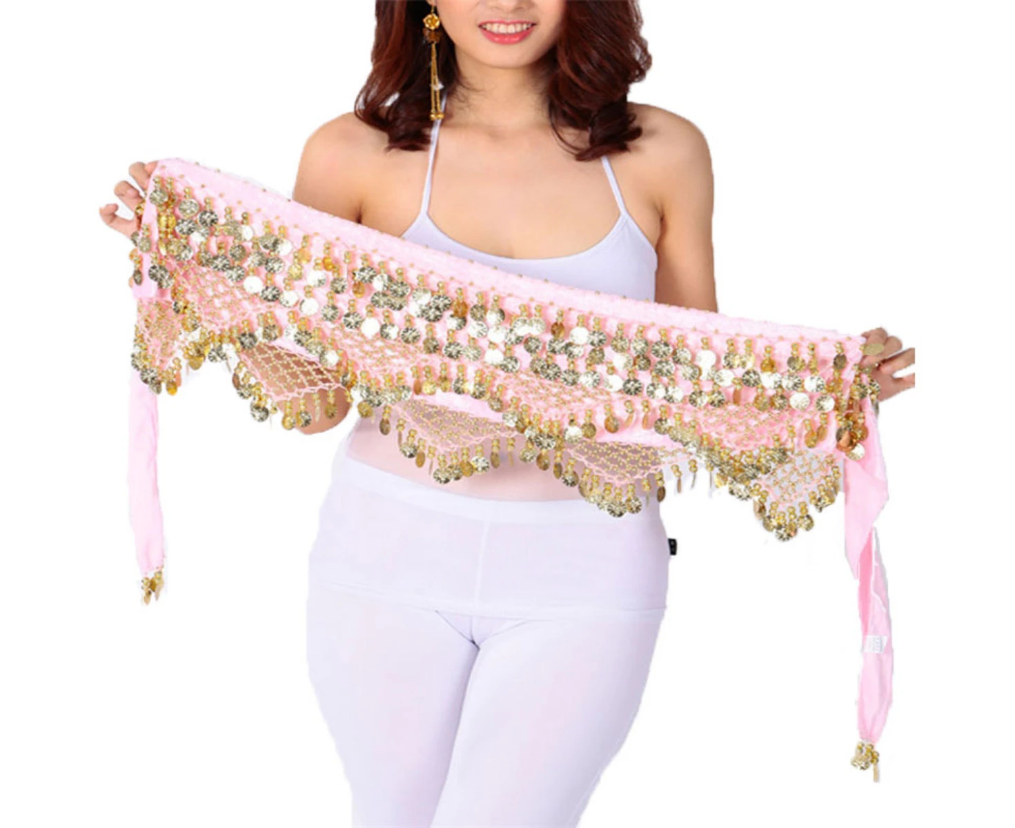 Costume Bay 268 Coins Pink Belly Dance Hip Scarf  Chiffon Sweet Skirt Wrap Belt Bling Sequins Coins Danceing Costume for Women