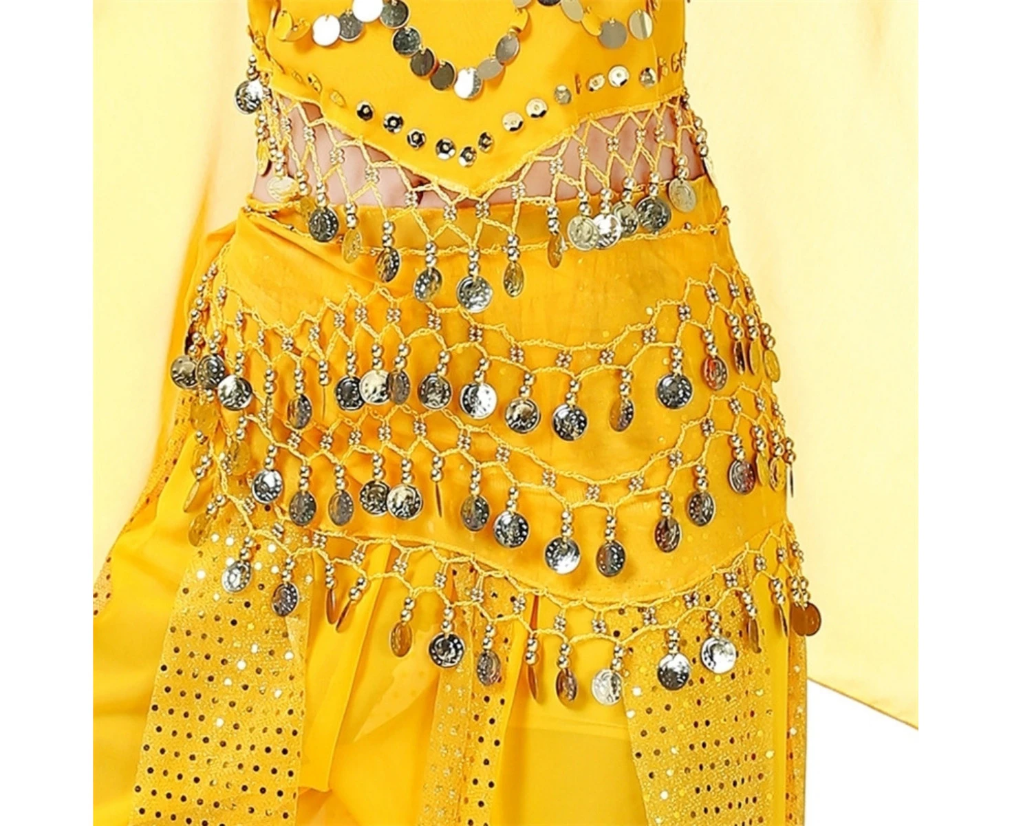 Costume Bay 128 Coins Belly Dance Yellow Hip Scarf  Chiffon Sweet Skirt Wrap Belt Bling Sequins Coins Danceing Costume for Women