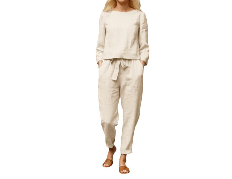 Women Casual Tracksuit Sets Homewear Loungewear Pyjamas Long Sleeve T-Shirts Top and Long Pants - Beige