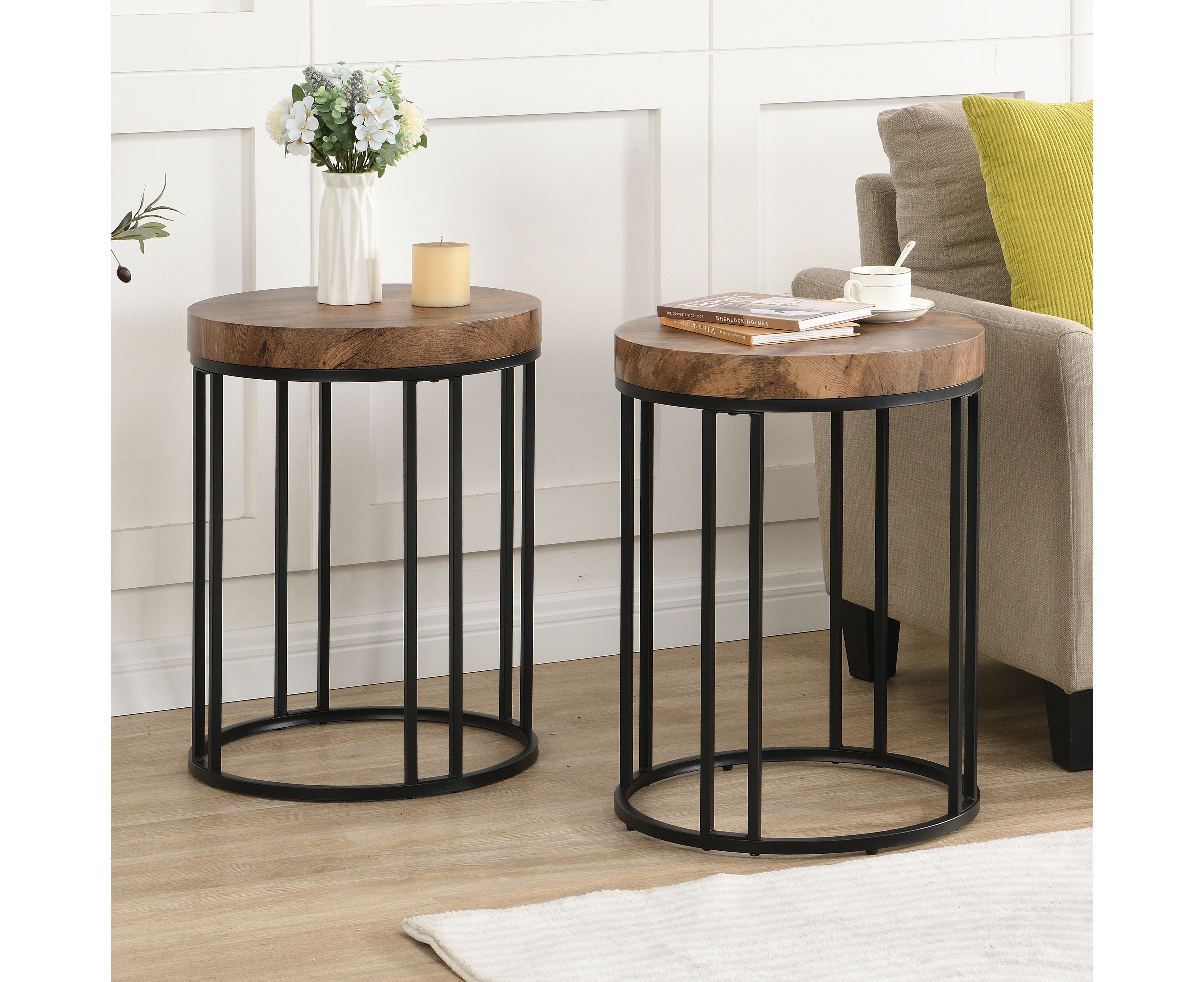 IHOMDEC Round Side Table Set of 2 Rustic Dark Brown