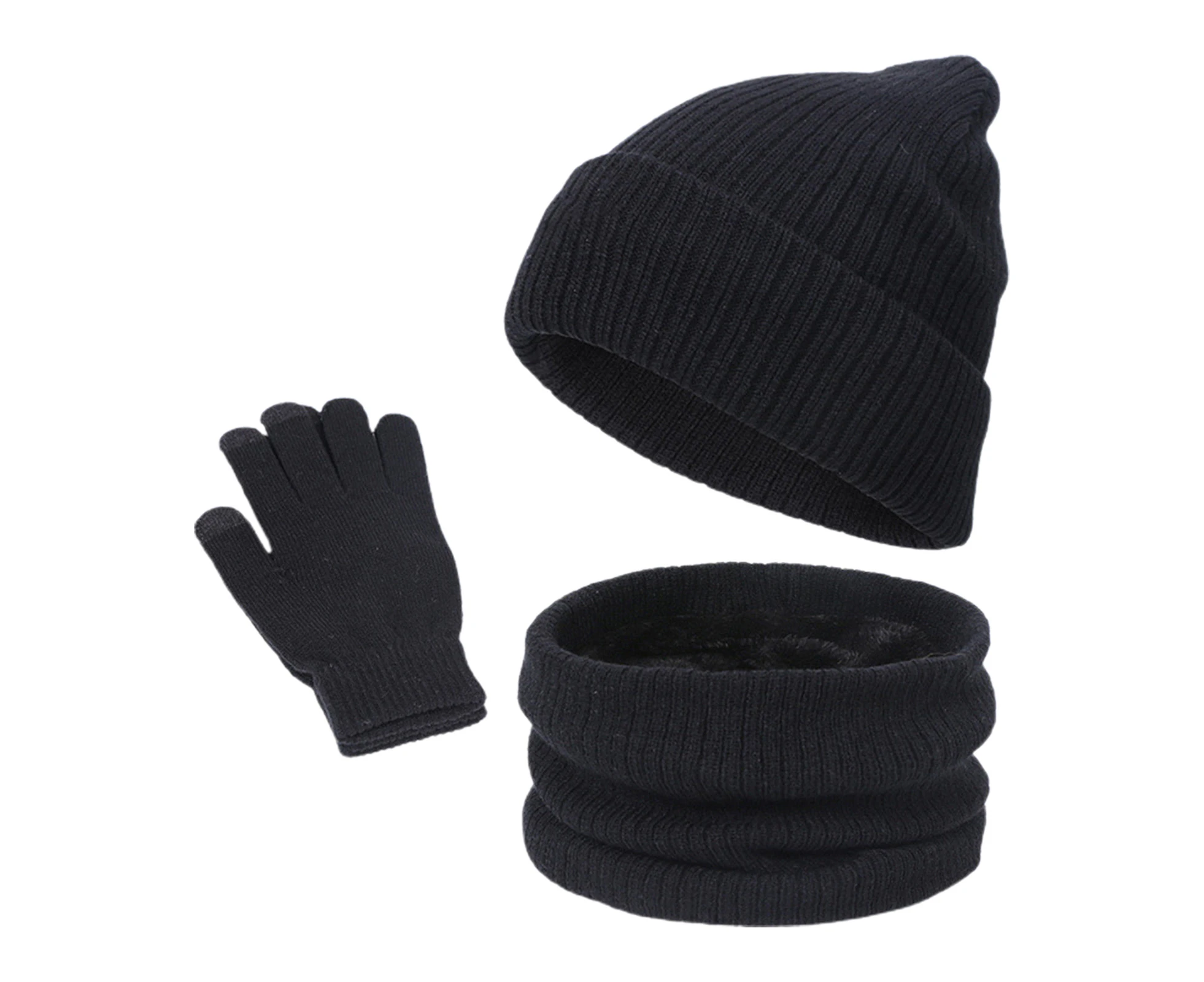 3Pcs/Set Chic Knitted Scarf Hat Gloves Stretchy Warm Pure-Black