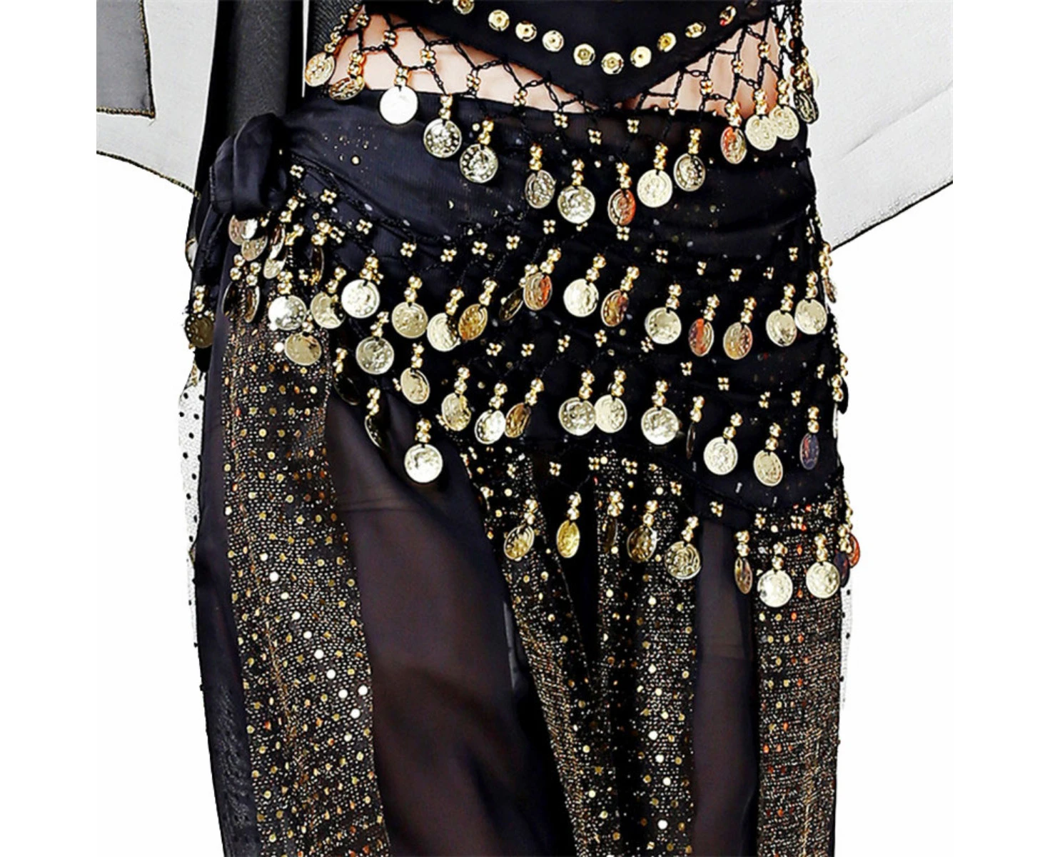 Costume Bay 128 Coins Belly Dance Black Hip Scarf  Chiffon Sweet Skirt Wrap Belt Bling Sequins Coins Danceing Costume for Women