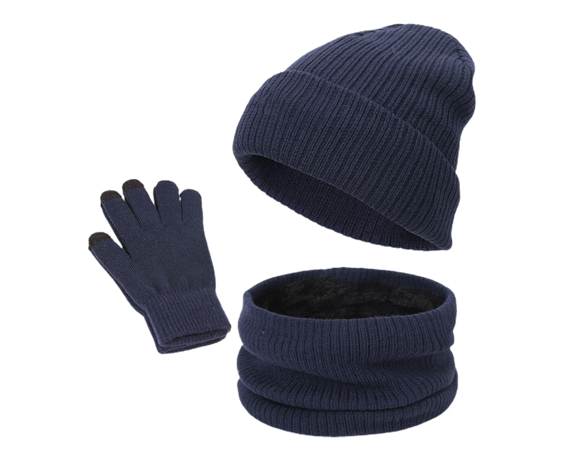 3Pcs/Set Chic Knitted Scarf Hat Gloves Stretchy Warm Pure-Navy Blue