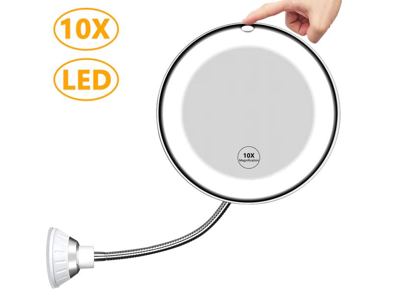 11.5 Inch 10x Flexible Gooseneck Magnifying Mirror with LED Light Bathroom Vanity Mirror with Strong Suction Cup 360° Rotatable