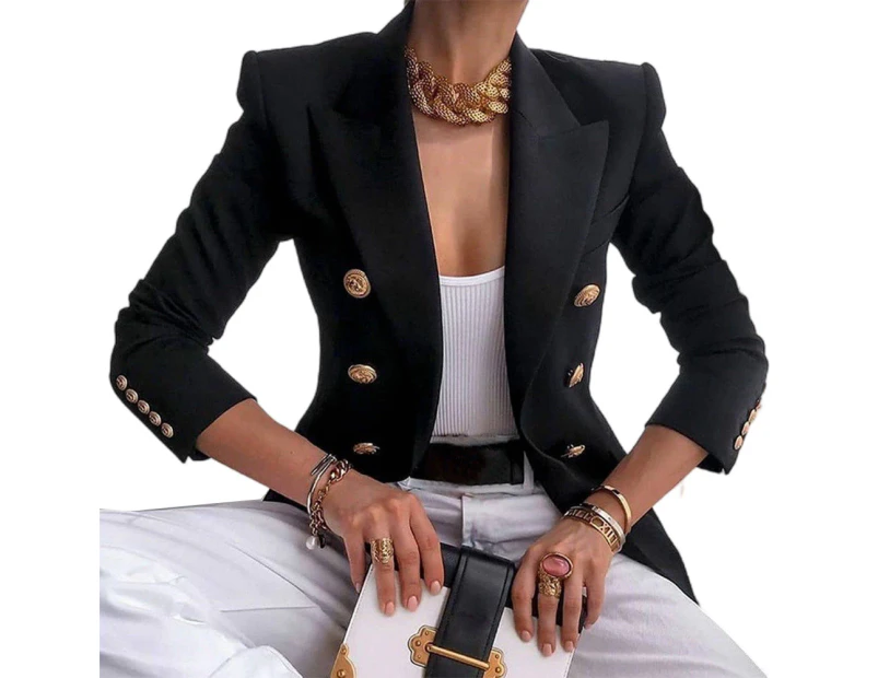 Women Formal Casual Office Blazer Coat Double Breasted Slim Fit Suit Jacket Cardigans - Black