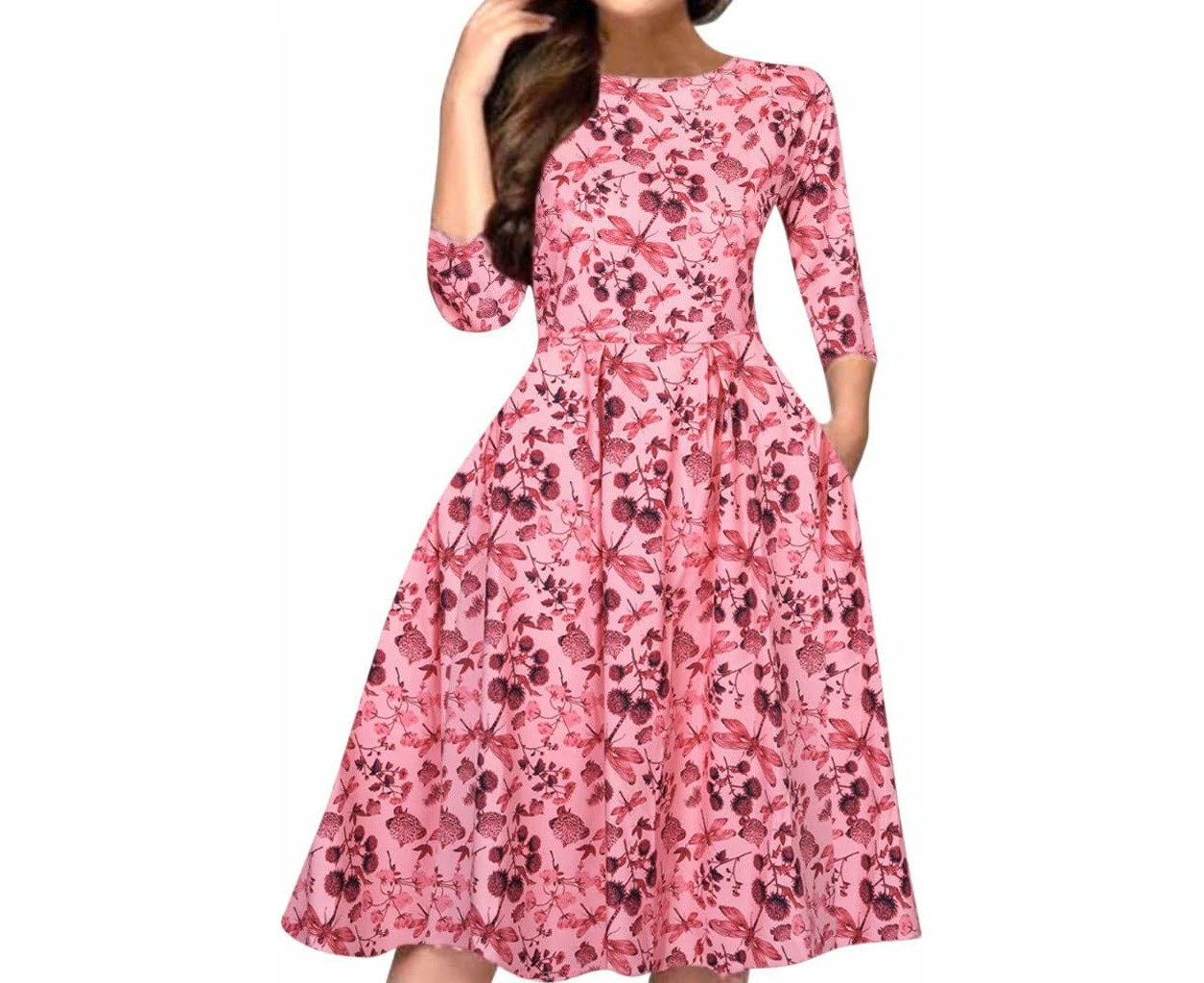 Womens Swing Dress Print Dress V-Neck Women Sleeve Long Short Slim Fashion A-Line Casual Floral Women's Dress Swing Dress Dresses for Women 2026-Pink-2