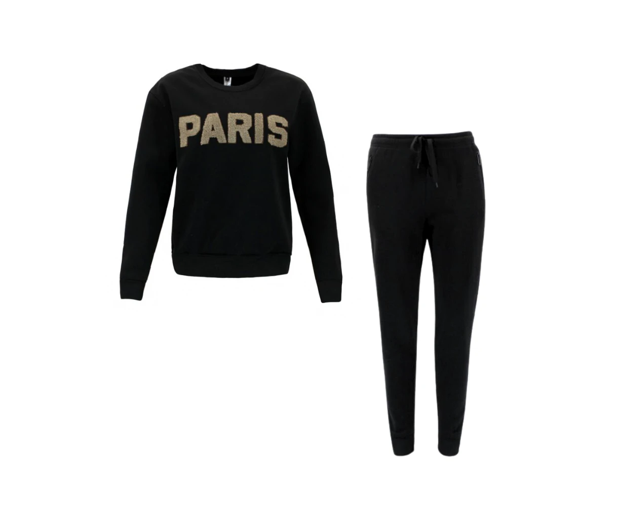 FIL Women's Fleece Tracksuit 2pc Set Loungewear - PARIS/Black