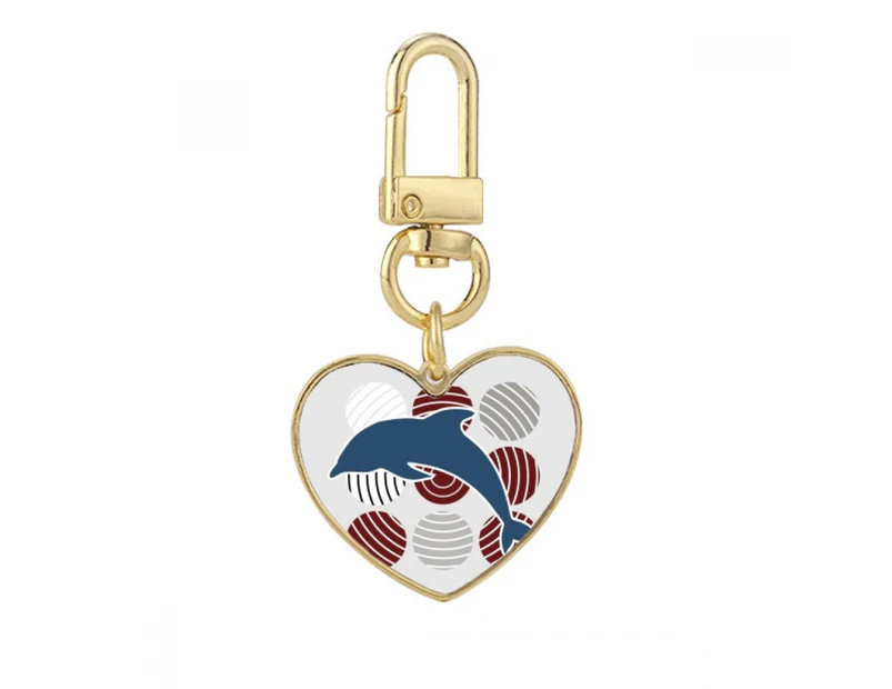 Dolphin Circle Cartoon Illustrate Gold Heart Keychain Metal Keyring Holder