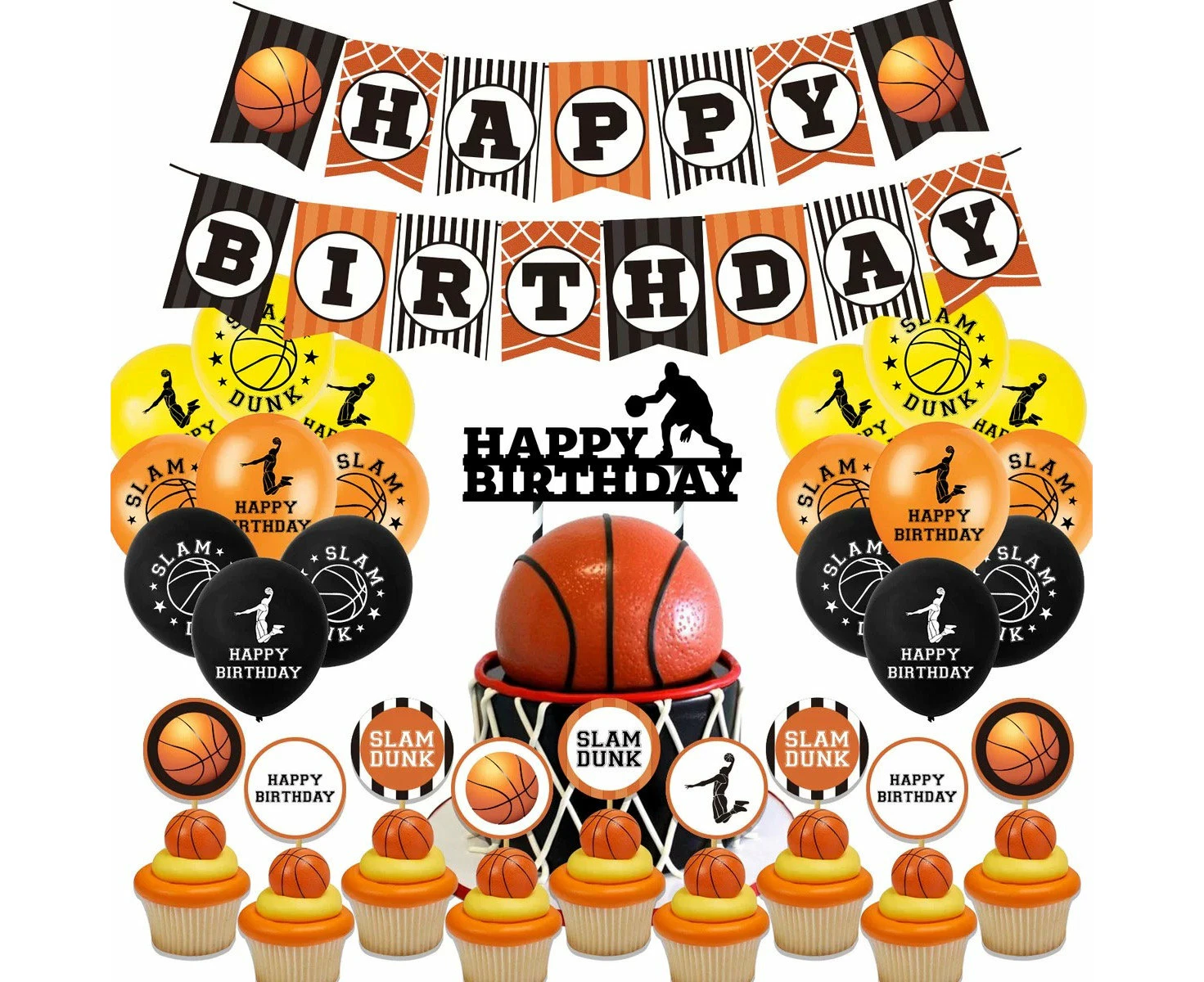 44PCS Basketball Party Set | Balloons Birthday Banner Cake Toppers |  Slam Dunk Kid Birthday Baby Shower Party Decorations