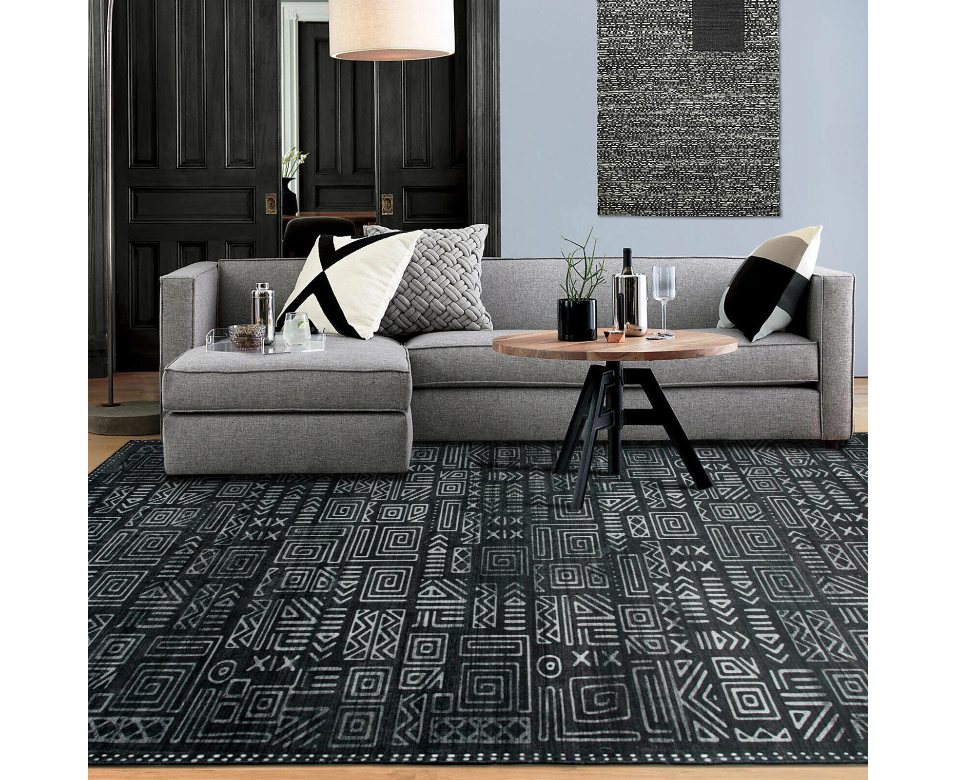 Large Black Rug Monochrome Moroccan Carpet Washable Bedside Rugs 190x280cm