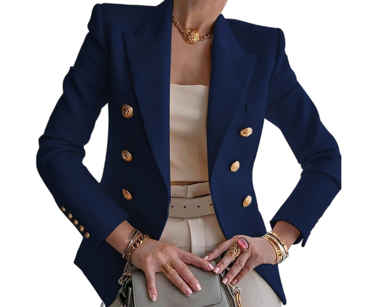 Women Ladies Slim Fit Double Breasted Lapel Blazer Coats Jackets Office Business Cardigan - Navy Blue