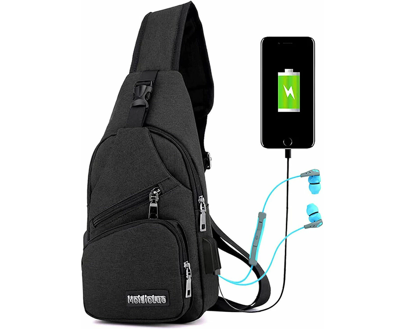 (Black)Sling Chest Pack Mens Shoulder Bag USB Charging Port Sports Crossbody