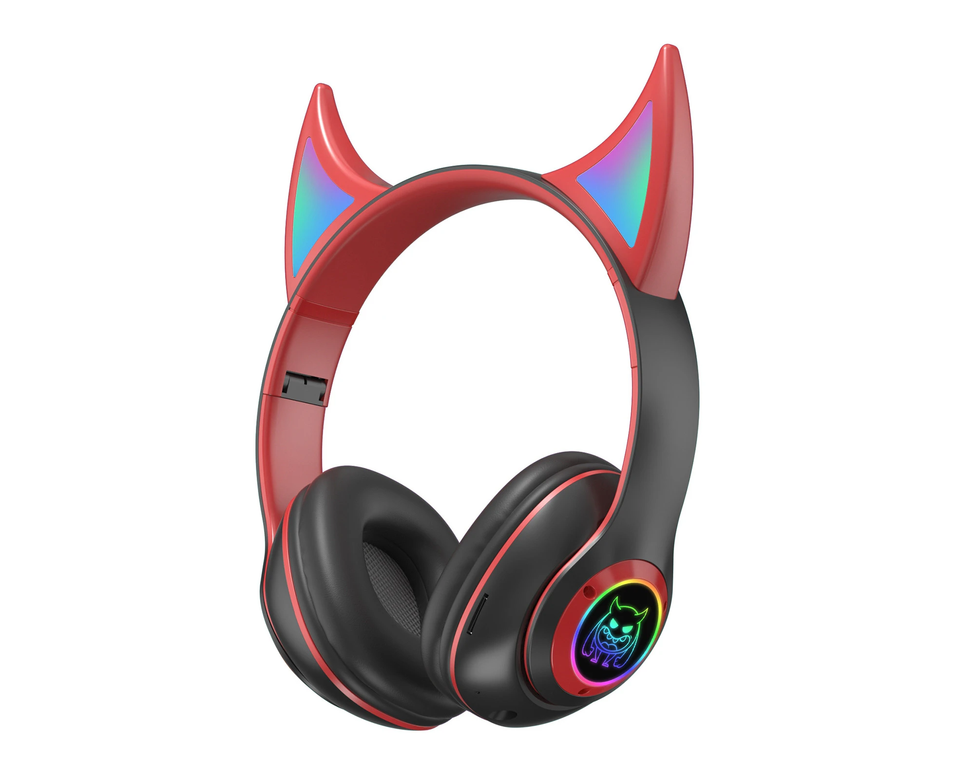 Bluetooth-compatible Headphone Glowing Colorful Light Devil Ear Stereo Bass Wireless Game Headset Gifts for-Red