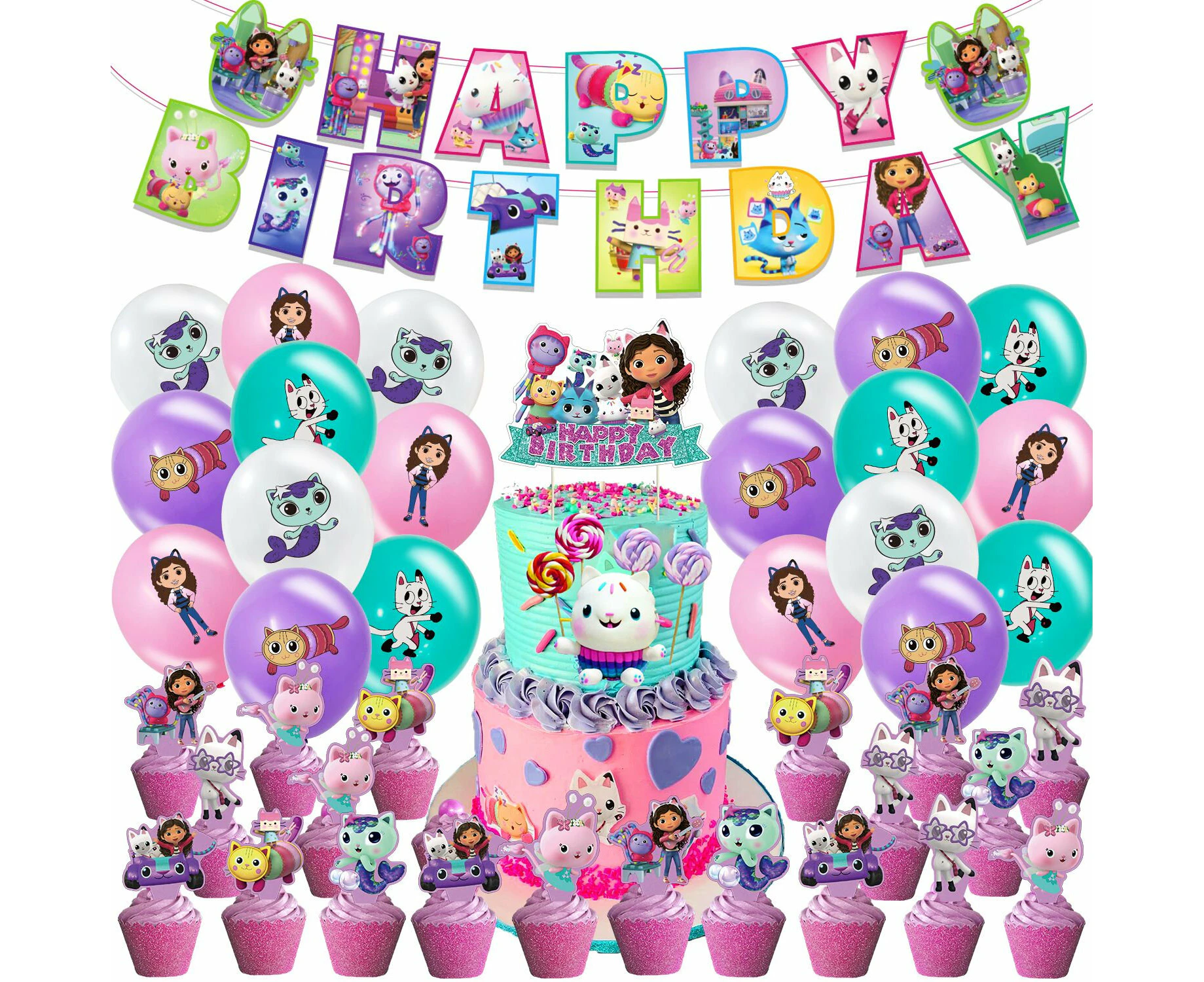 Gabby's Dollhouse Party Set |Birthday  Banner Cake Toppers Balloons | Kids Girls Birthday Decoration