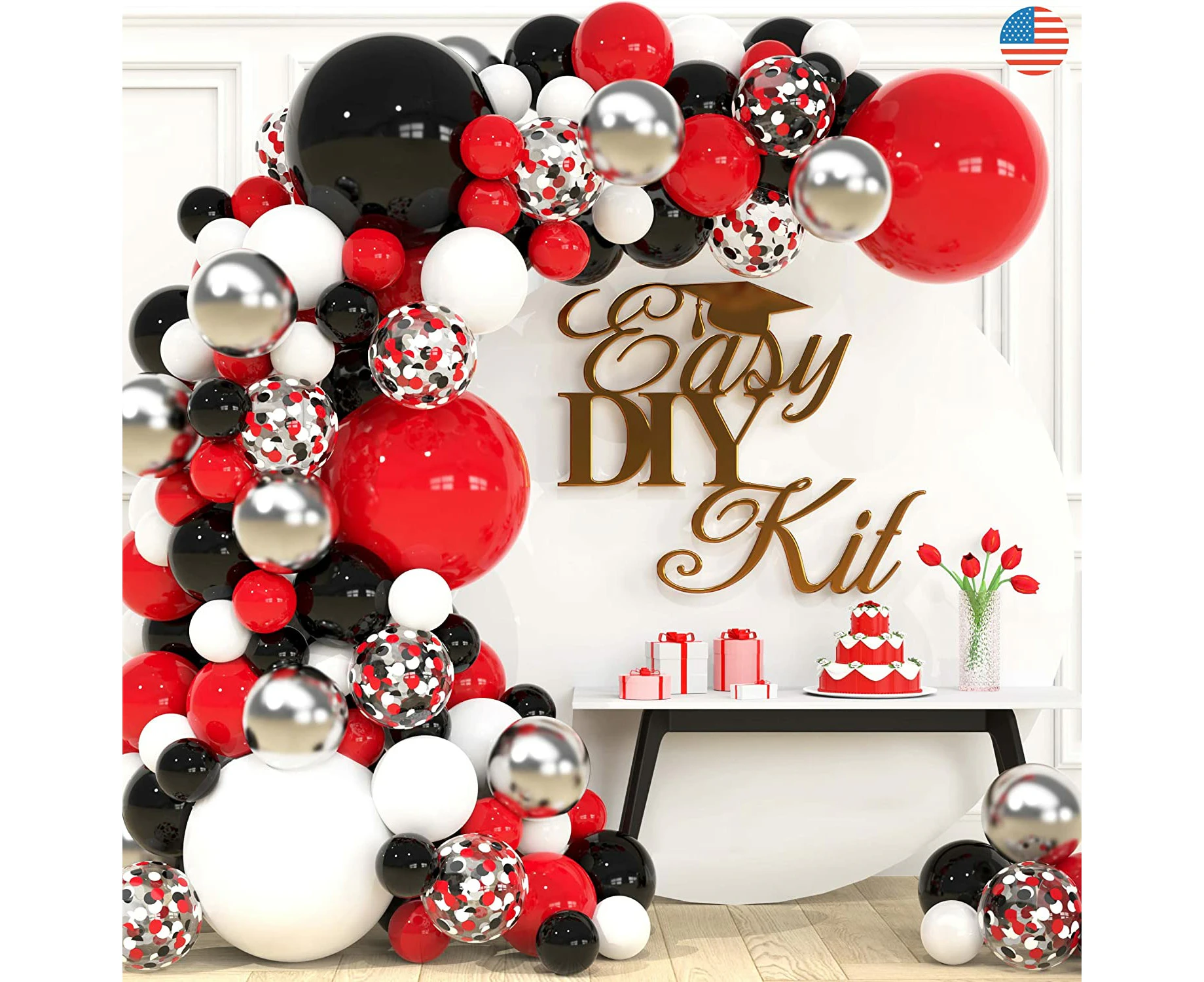 115pcs Classic Balloon Garland Arch Kit | Red White Black Silver Confetti Balloons | Baby Shower Wedding Birthday Party Decorations