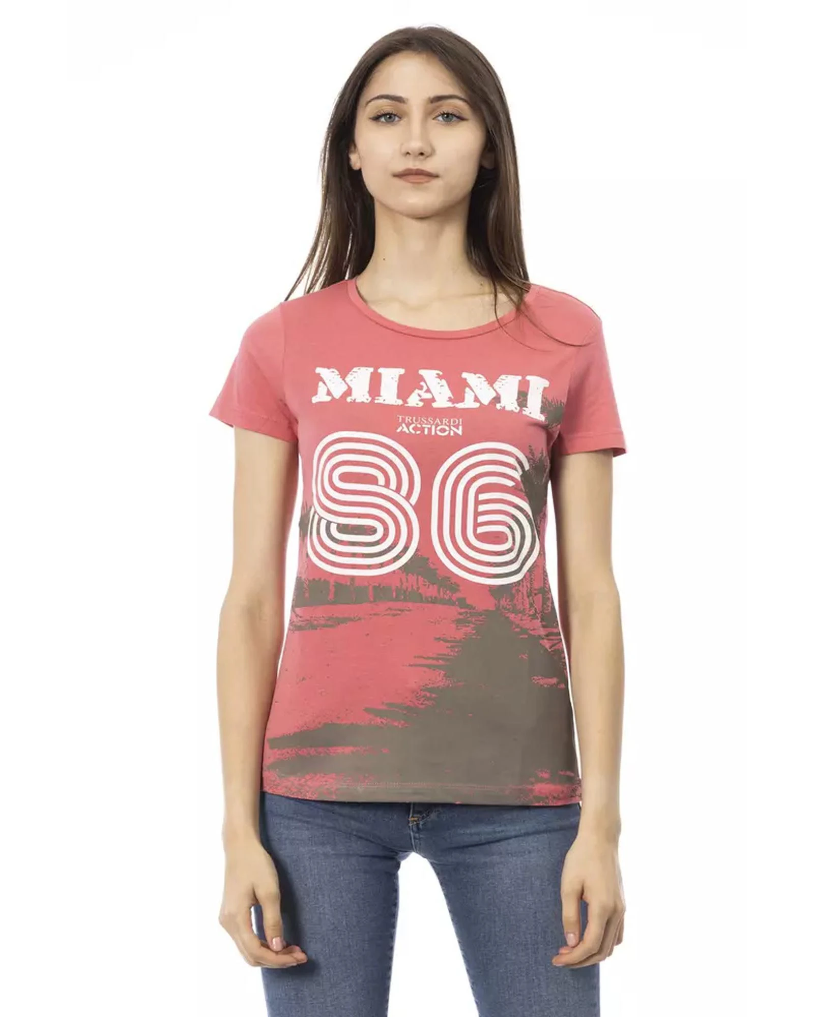 Short Sleeve T-shirt with Round Neck and Front Print - Pink