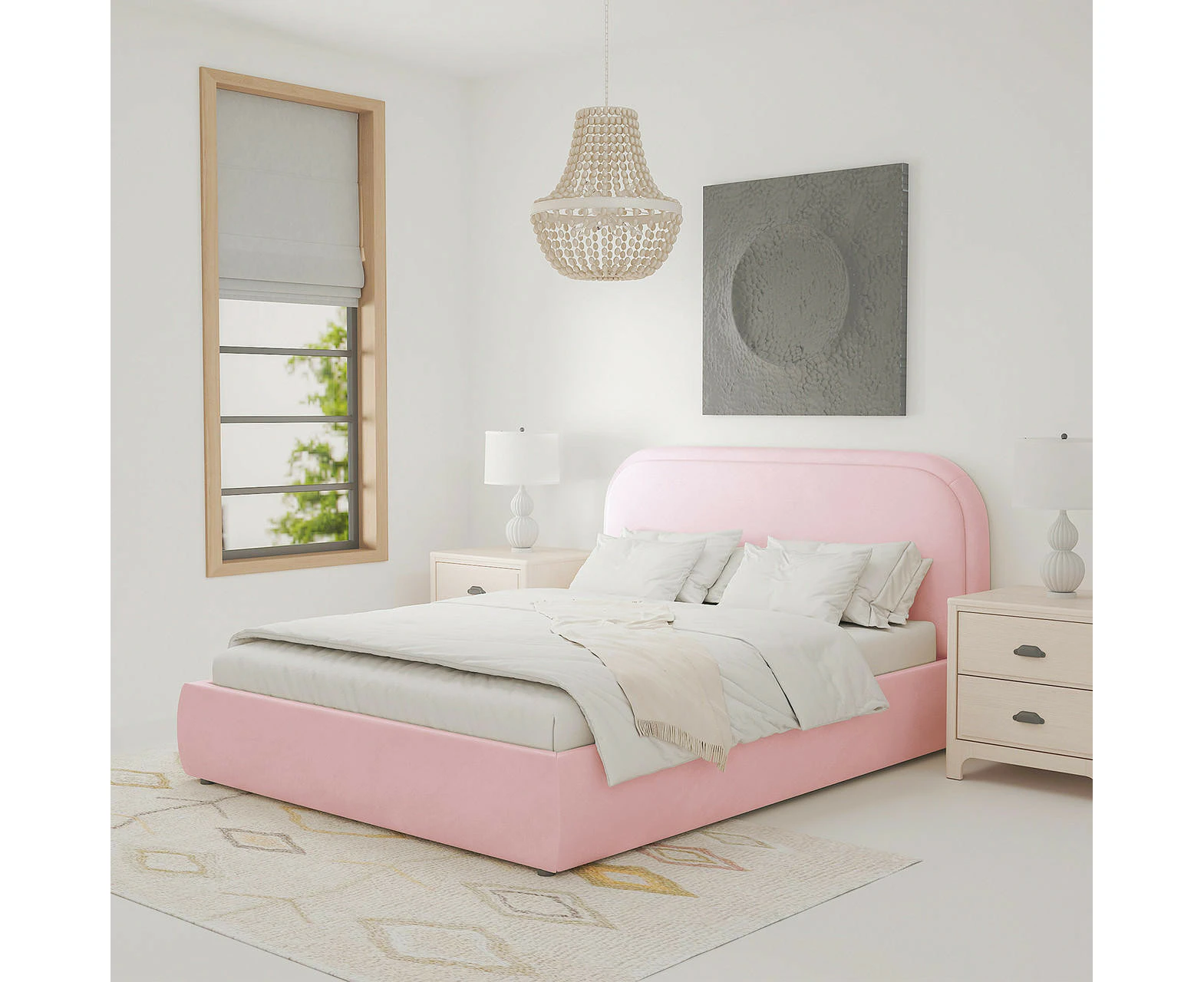 Calix Velvet Bed and Phoebe Mattress - Soft Pink - Cream White