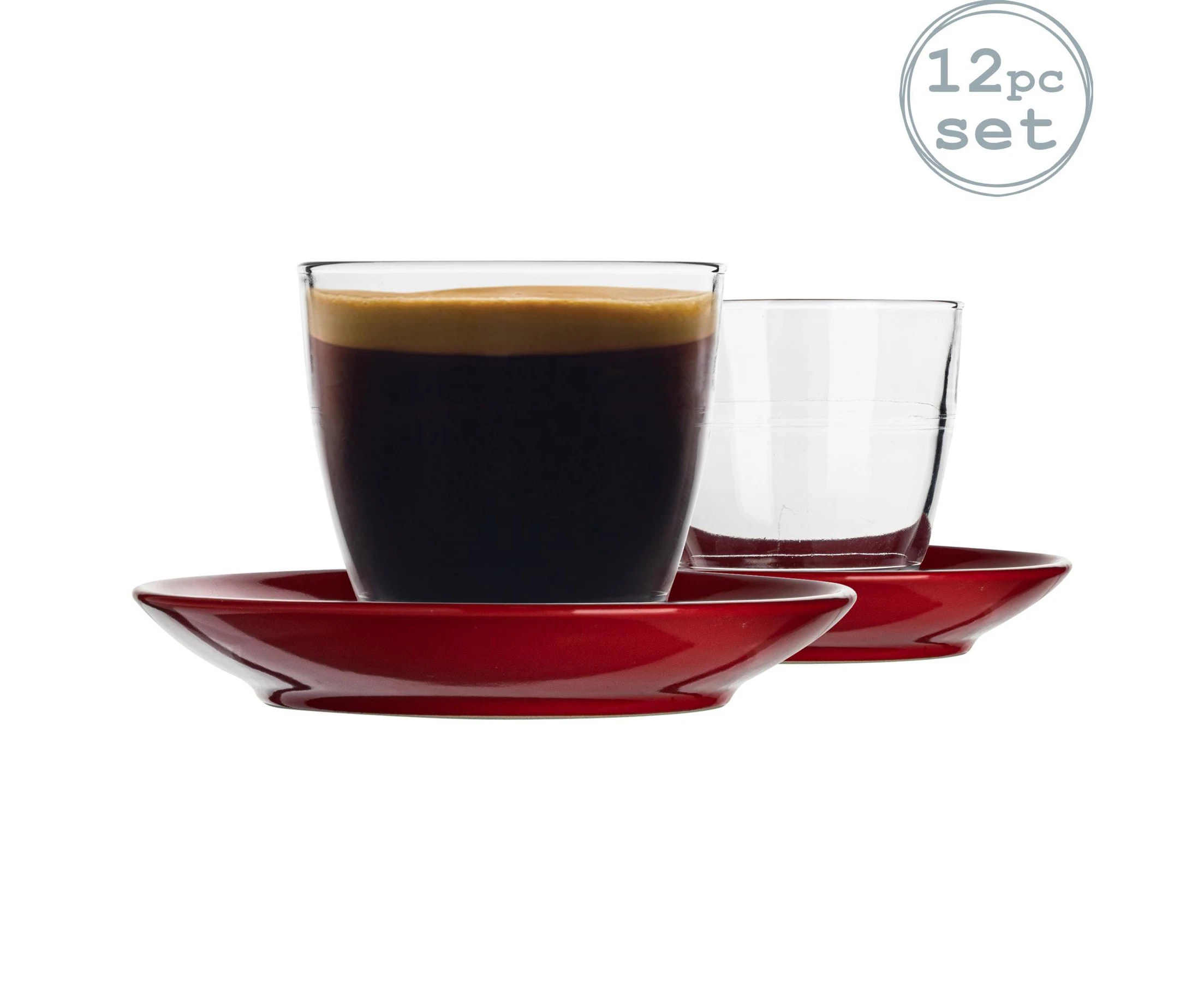 Duralex 12 Piece Gigogne Glass Coffee Cup and Ceramic Saucer Set - Red - 220ml