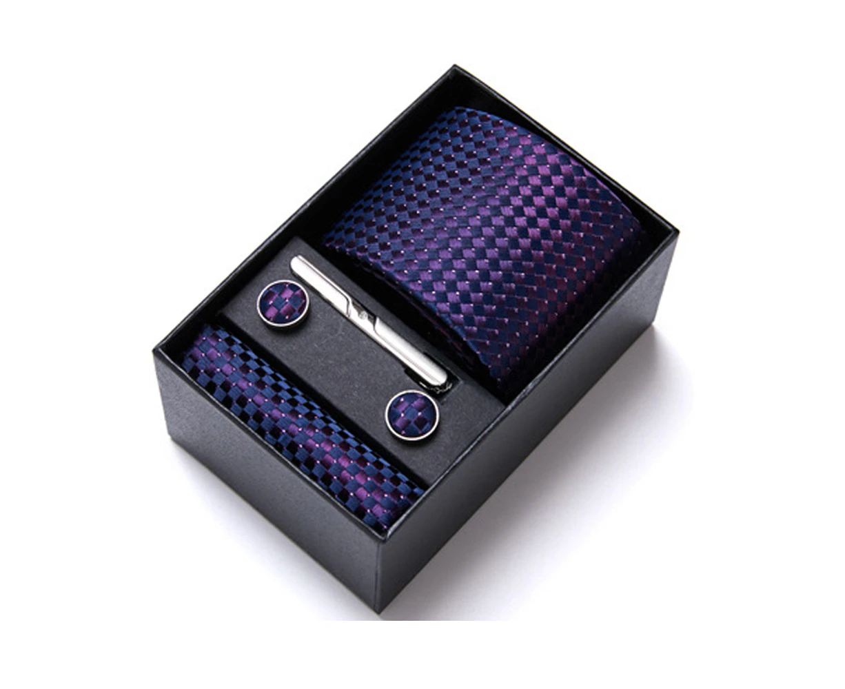 Kings Collection Men Plaid Formal Purple Tie, Pocket Square, Cufflinks, Tie Clip 4 Pieces Gift Set Polyester