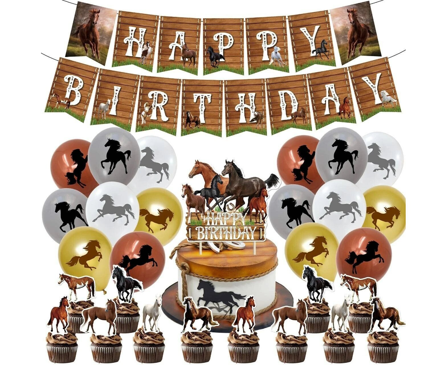 Horse Racing Theme Party Decorating Set | Party Banner | Cake Cupcake Toppers | Brown White Gold Latex Balloons for Birthday Party Decor