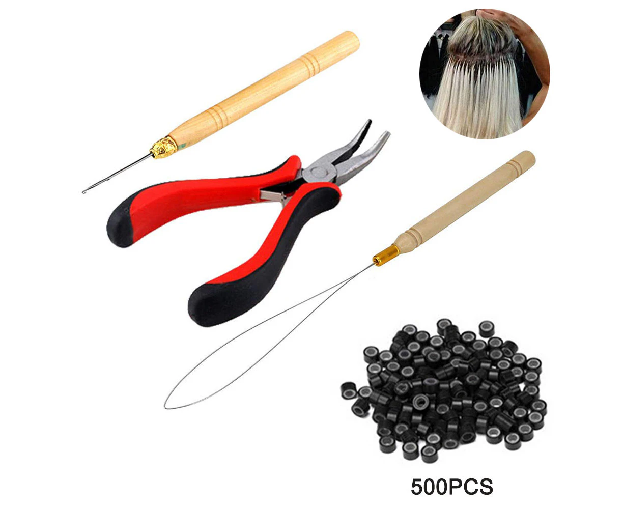 500Pcs Micro Ring Set Micro Rings Loop Needle Micro Ring Pliers Tool Set For Hair Extensions Accessories - Black