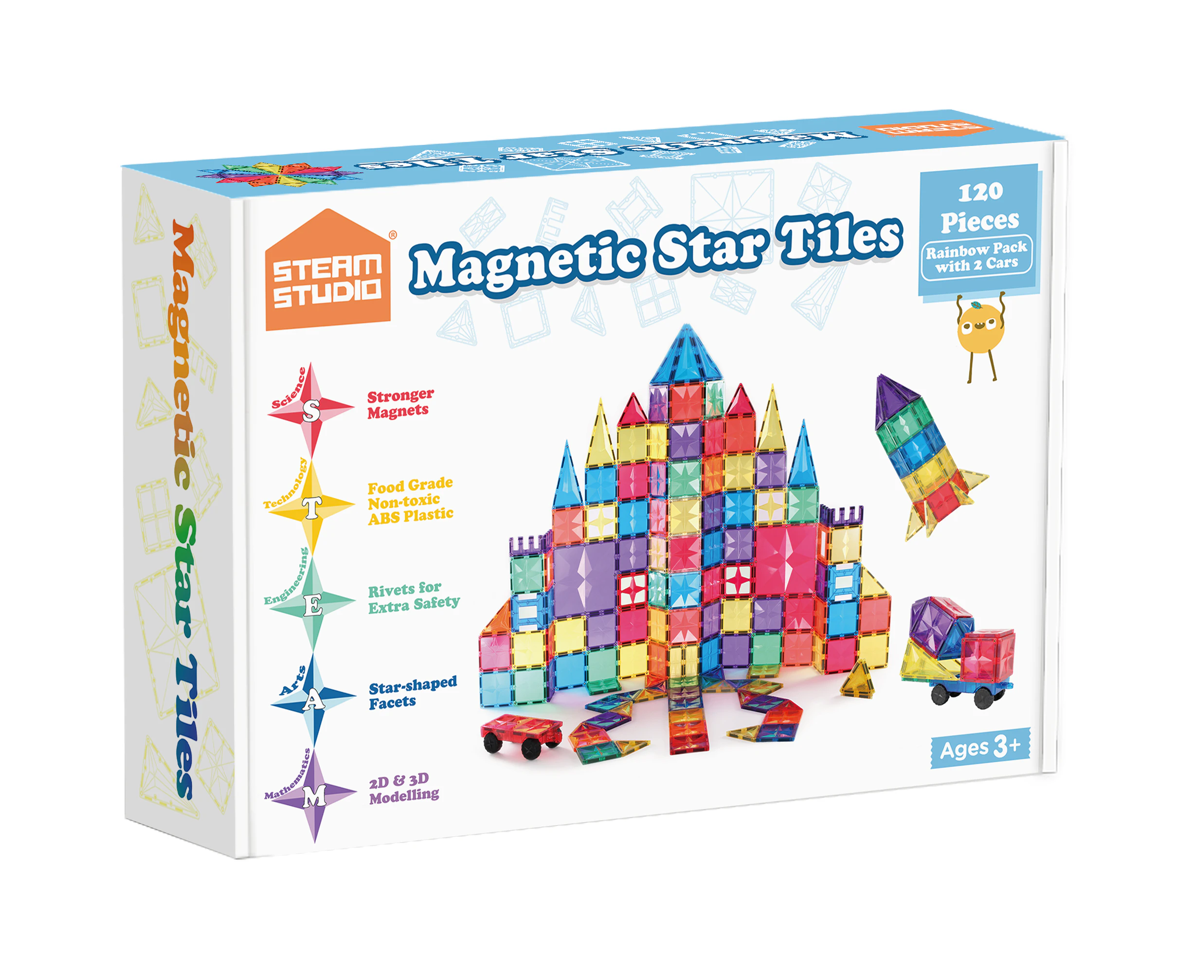 STEAM STUDIO Premium Magnetic Tiles 120 Pieces set, Rainbow Colours & Star Facets