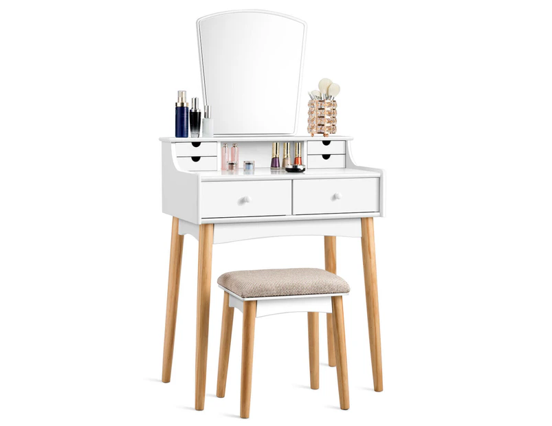 Costway Vanity Table Set Wood Dressing Vanity Table Set w/Mirror & Cushioned Stool Bedroom White