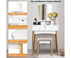 Costway Vanity Table Set Wood Dressing Vanity Table Set w/Mirror & Cushioned Stool Bedroom White