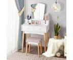 Costway Vanity Table Set Wood Dressing Vanity Table Set w/Mirror & Cushioned Stool Bedroom White