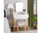 Costway Vanity Table Set Wood Dressing Vanity Table Set w/Mirror & Cushioned Stool Bedroom White